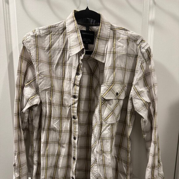 Calvin Klein Jeans Shirt Mens Size Large White Check Collared Button Down - Picture 3 of 5